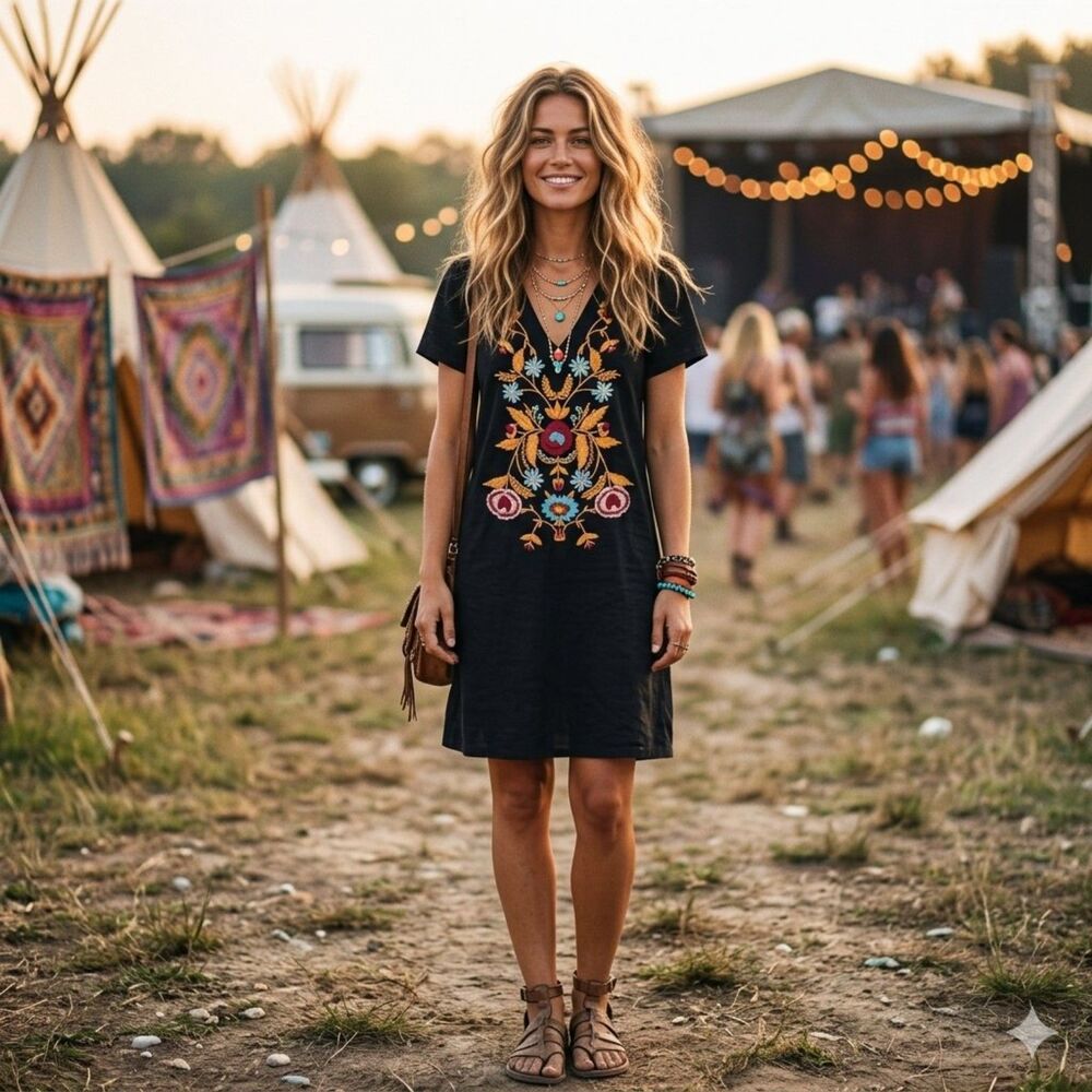 Grace & Emma Embordered Floral Midi Dress Gauzy Medium Hippie Festival Black